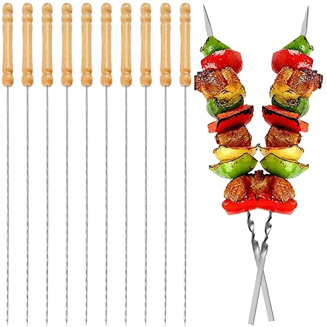 

Z242 BBQ Sticks Needle Stainless Steel Flat Barbecue Forks Picnic Skewers Cooking Iron Kitchen Meat Holder