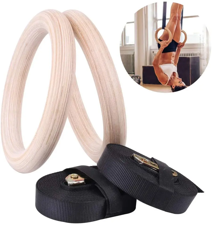 

Heavy Duty Fitness Workout Pull Ups and Dips Exercise Gym Wooden Gymnastic Rings with Adjustable Straps