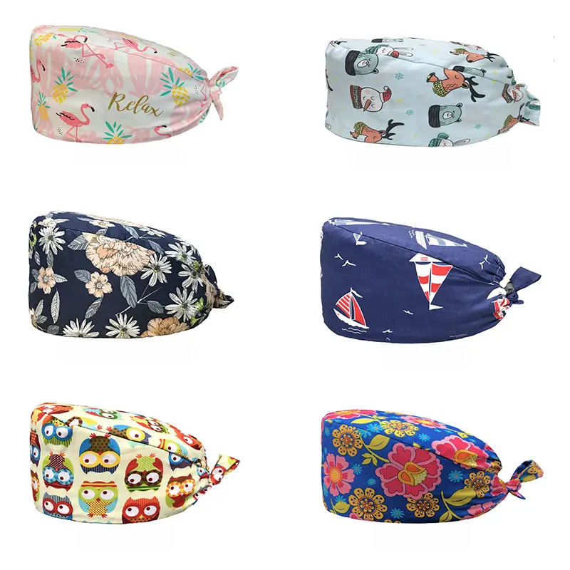 

New Style 100% Cotton Cartoon Pattern Hat Adjustable Doctor Working Nurse Breathable Scrub Cap, 12 colors