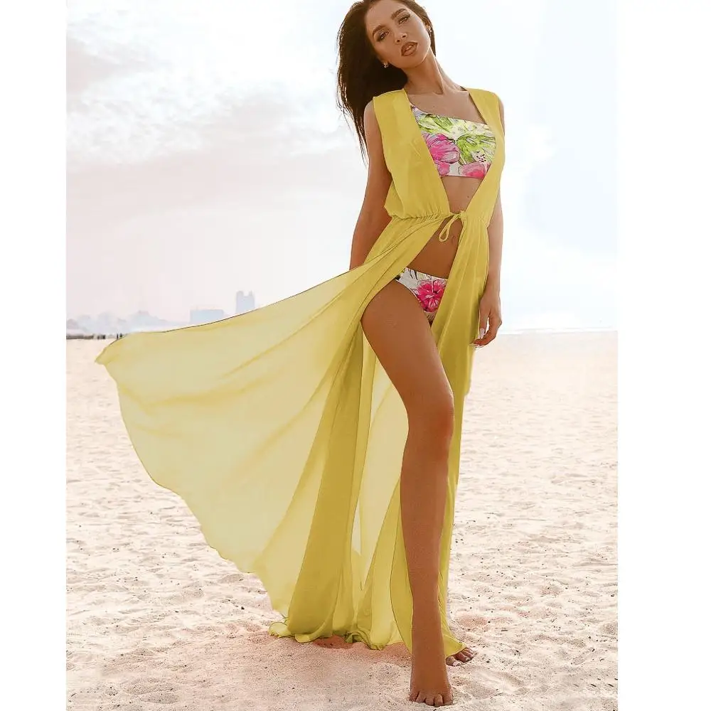 

Best Selling Slip Bandage Blouse V Neck Beachwear Kaftan Cover Ups Adults Solid Plus Size Chiffon Maxi Robe Beach Dress