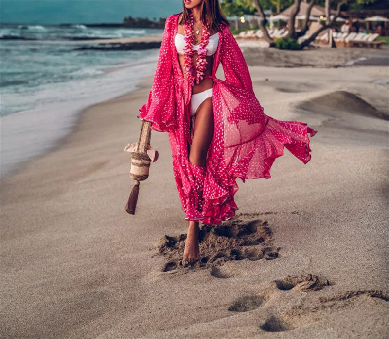 

Oversize Chiffon Bikini Cover up Beach Cover-up for Women Pareo Beach Tunic Bathing suit Cover ups Summer Long Beach Dress, Flower