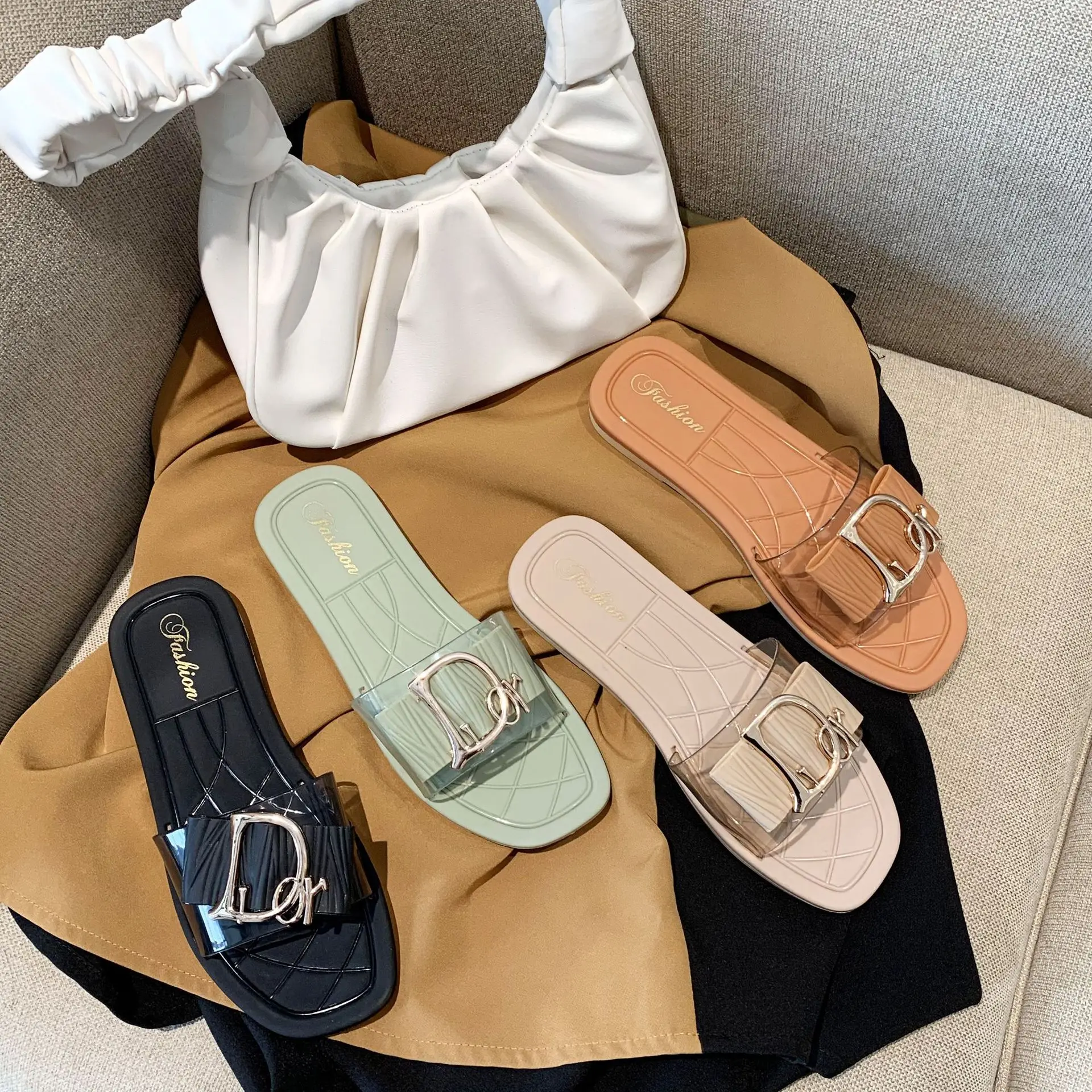 

Fashion Women Slippers PVC Material Trend Square Button Style Quality Sllides Woman Sandls Tranparwnt with a Cheap Price, Green/black/coffee/khaki