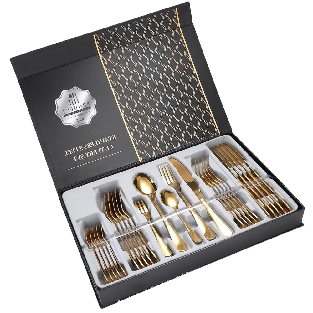 

2021 Amazon 24pcs Gold Plated Flatware Stainless Steel Fork Spoon Knife Cutlery metal tableware set with gift box