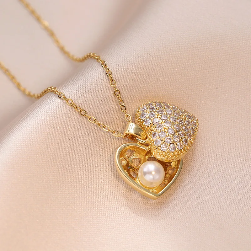 

Stainless Steel Crystal Heart Shape Pendants Choker Pearl Necklace For Women Girl Party Gifts