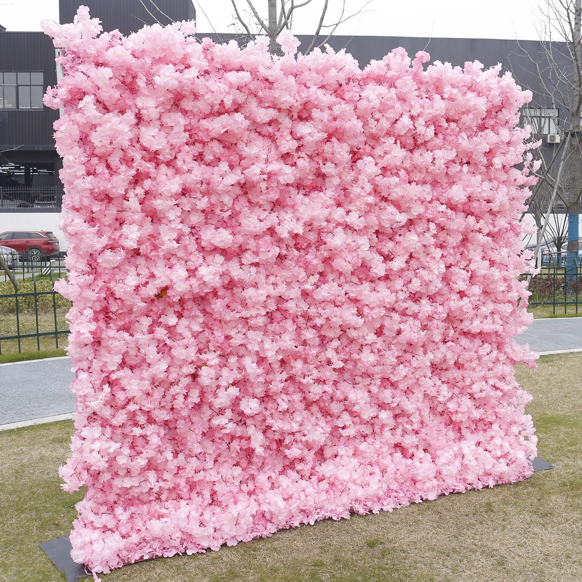 Vv281 Customized 4D Roll up Artificial Pink Flower Wall Backdrop Cherry Blossom Fabric Base Flower Wall Home Wedding Decorations