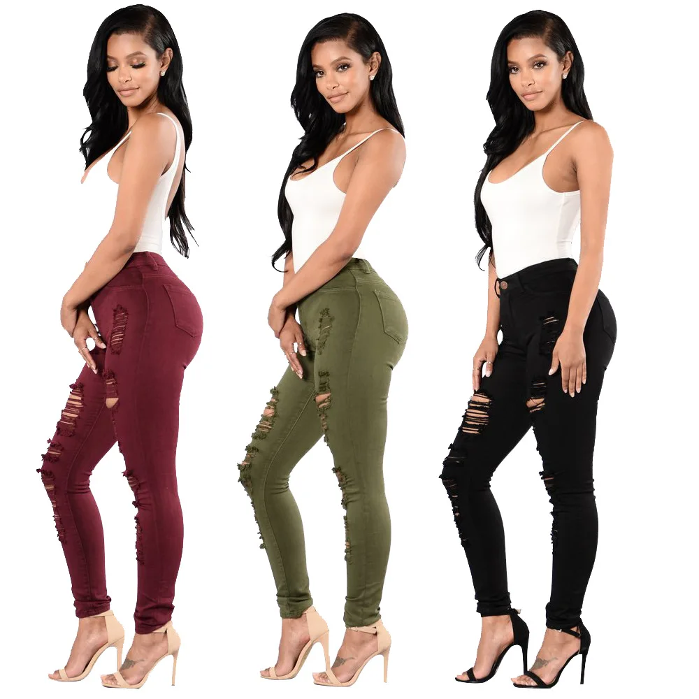 

Hot selling plus size 3X ripped jeans pants for women, Black/ red/green