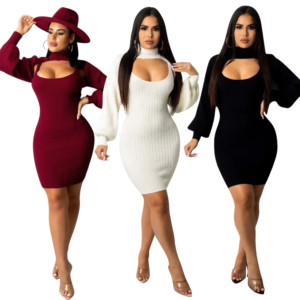 

2021 Fall Casual Trendy Solid Mock Turtle Neck Dress Bodycon With Long Sleeve Shawl 2pcs Set Woman Sexy Casual Mini Dresses, Wine red,white,black