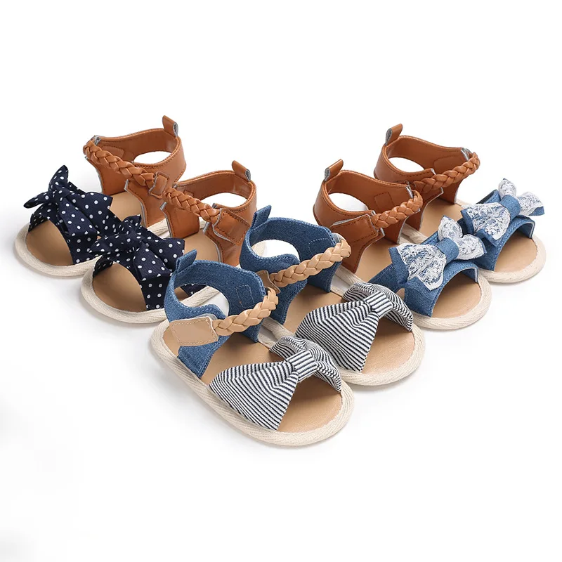 

2022 Summer Cotton and PU Anti-slip sole outdoor infant crib Baby girl sandals, Dark blue, light blue, striped