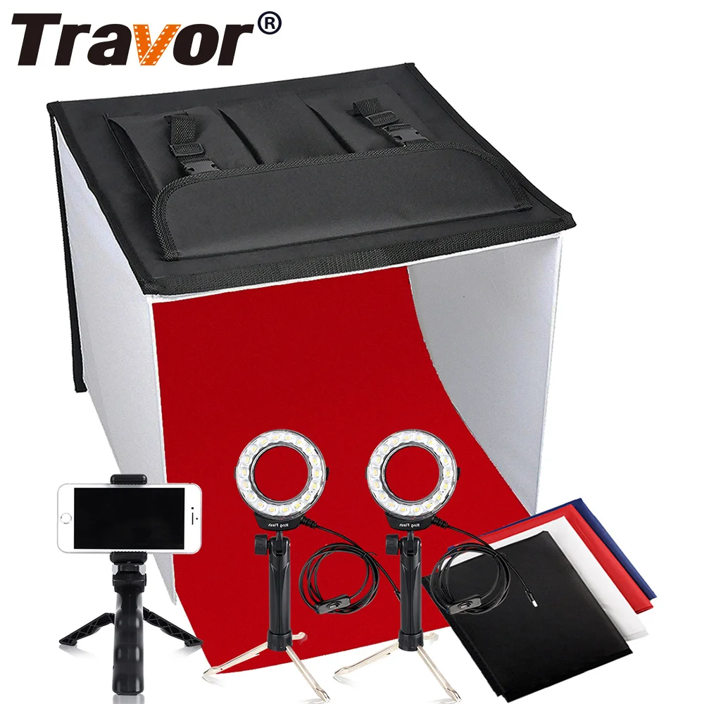 

Travor K40 shoot tent cube kit fotografia photo softbox 40cm backdrop and 2 pcs studio mini led ring lights for photography