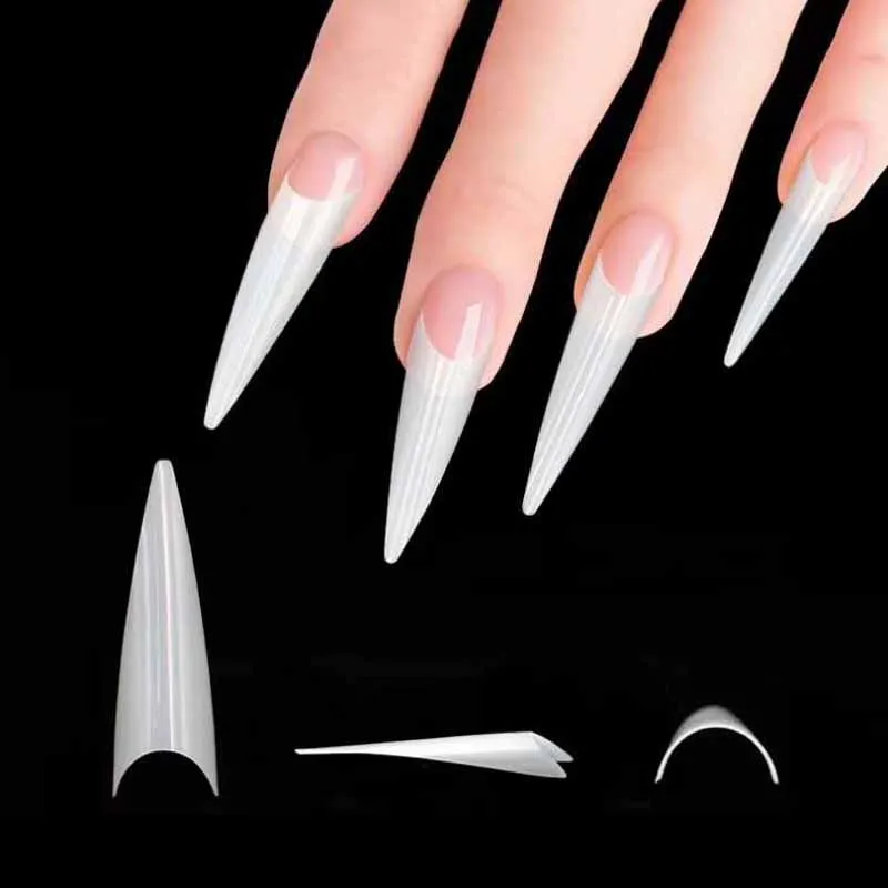 100pcs/ 500pcs Natural White Clear Acrylic Stiletto Nail Tips Pointed Sharp False Nails