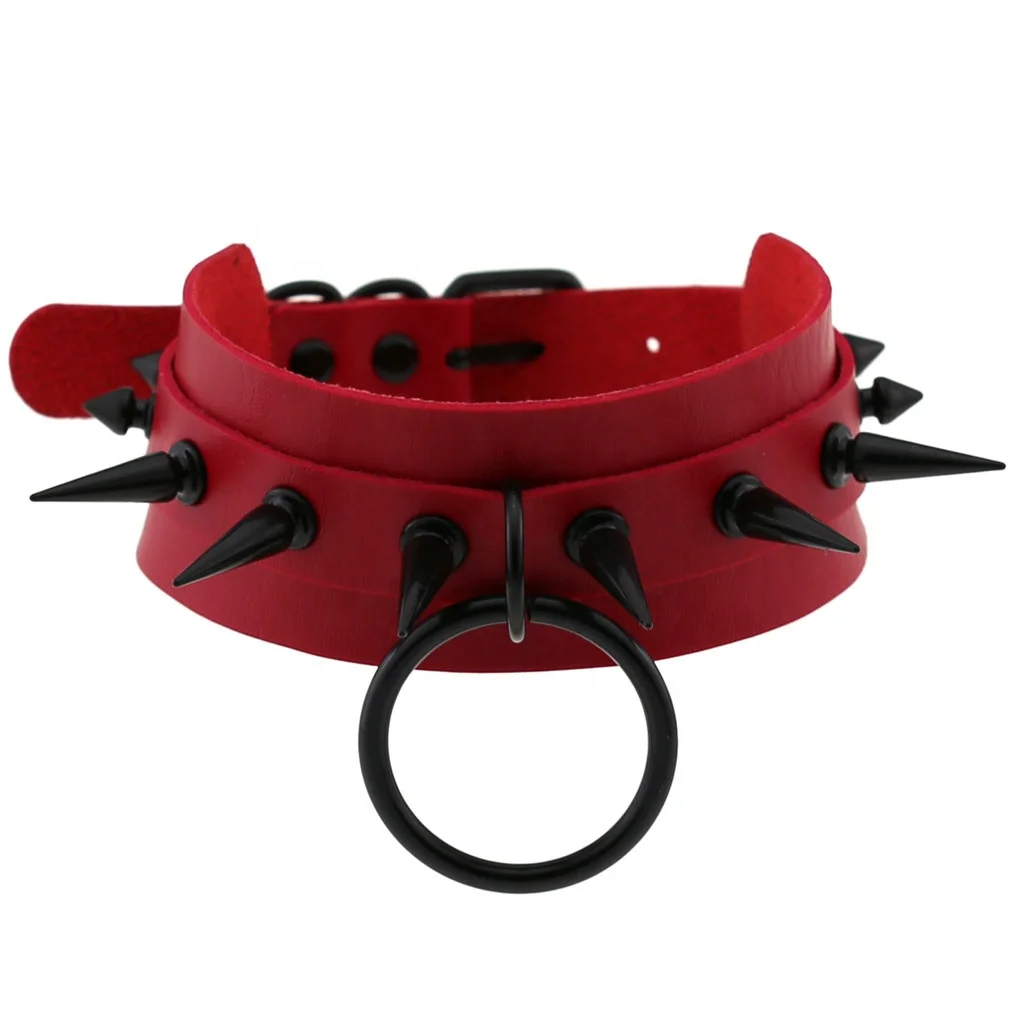 Women Men Punk Cool Oversized Black O Round Choker Necklace Black Rivet Sharp Nail Leather Bondage Collar