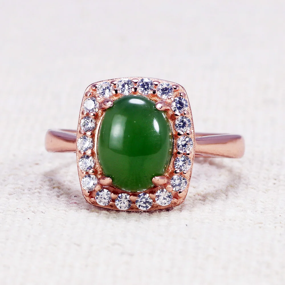 

Natural Gemstone Green Jade Rings Zircon Stones Surrounded Gold Plated Sterling Silver 925 Fine Jewelry Resizable Women Ring