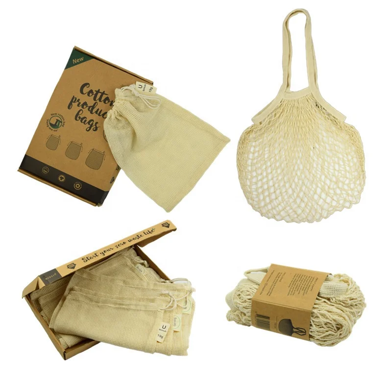 

net produce grocery shopping drawstring reusable organic cotton mesh bag, Customized color