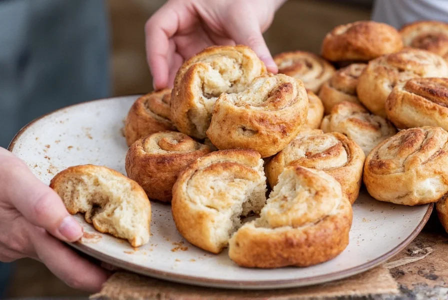 Step-by-step images showing protein cinnamon roll preparation process from mixing to baking