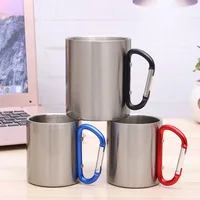 

Hot! Double wall travel mug cup Aluminium carabiner stainless steel hook isolating handle outdoor camp travel cup,camping mug