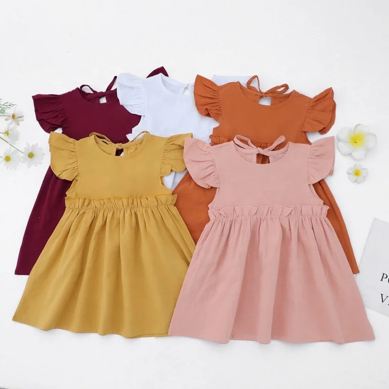 

2022 summer new style European and American style loose solid color cotton and linen flying sleeve skirt girls dresses