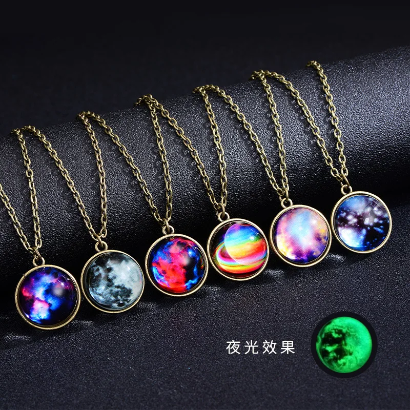 

American new double-sided handmade glass ball luminous couple necklace solar system universe fantasy Resin Necklace