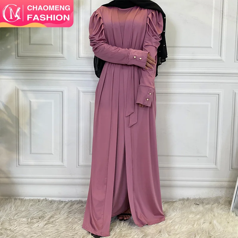 

6474# EID Ramadan Newest Solid Color Jersey Abaya Pleated Shoulder Open Abayas Dresses Muslim Arabia Jilbab, Pink,blue, beige,red, black,brown, gray