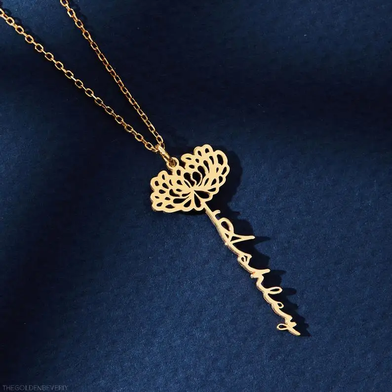 

925 Sterling Silver Personalized custom necklace Dainty Name Necklace with Birth Flower Dangle Floral Name Necklace
