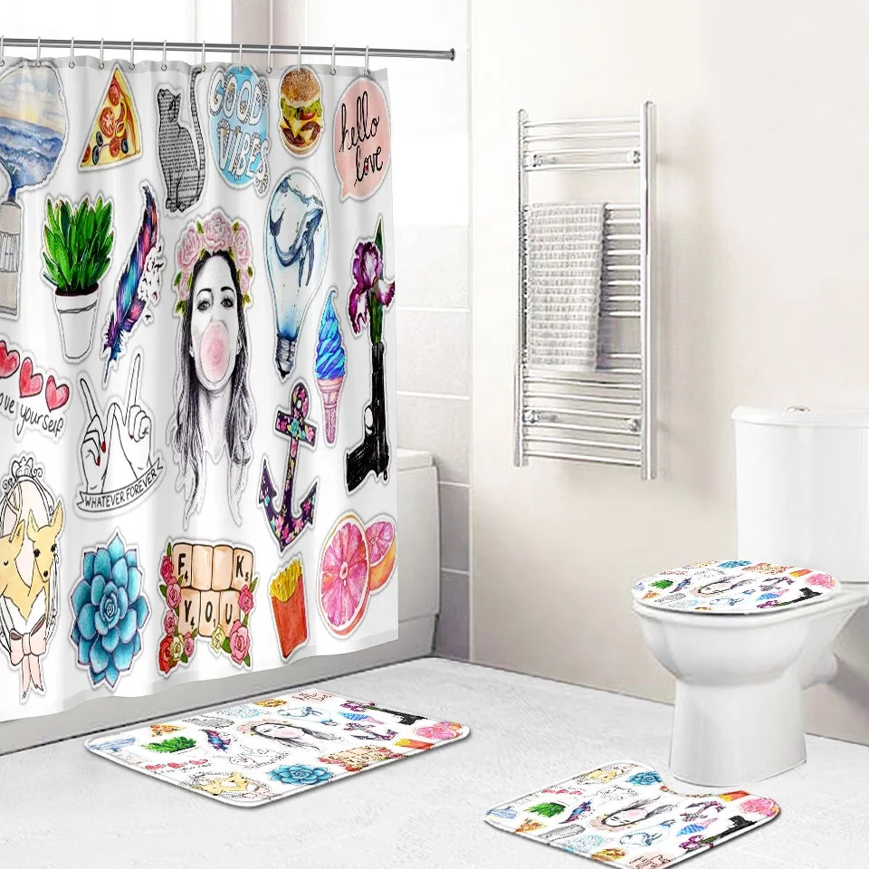 

Shower curtain suit bathroom custom made variety of life combination fragments waterproof printing bathroom mat suit shower curt