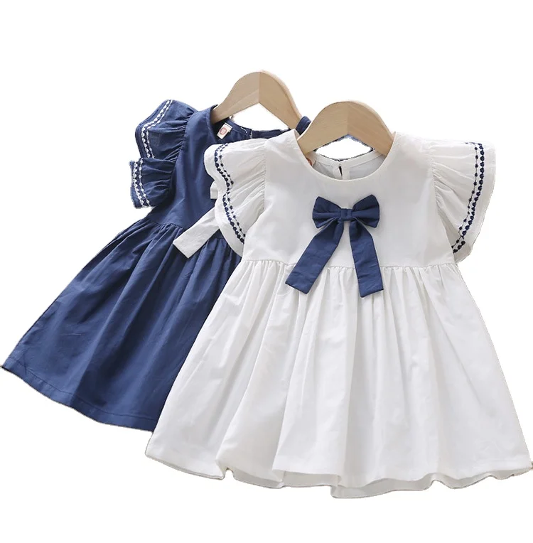 

2120Y021 summer new arrival fly sleeve solid white navy infant baby girls' dresses toddler kids ruffles clothing sets