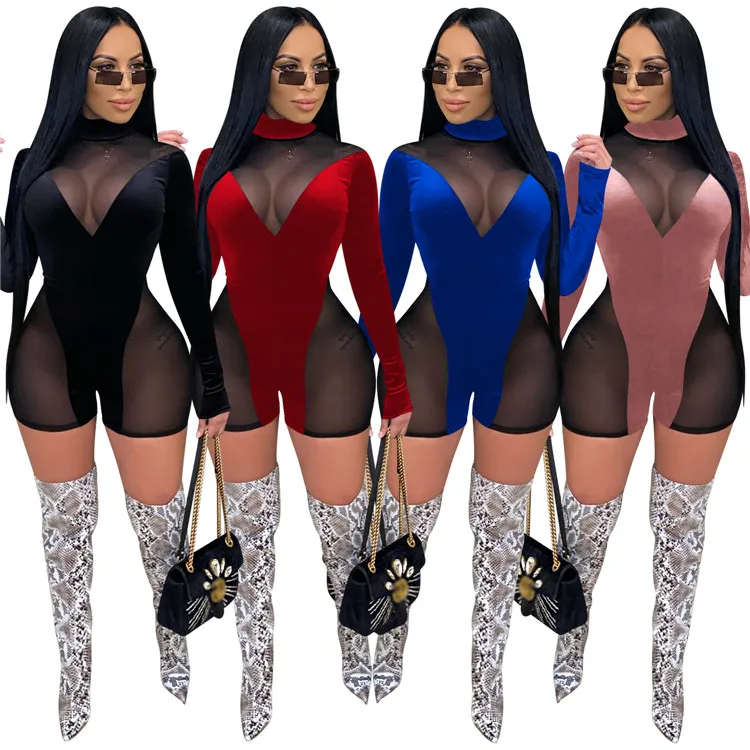 

Velvet Patchwork Jumpsuits For Women Autumn New Fashion Mesh See Through Sexy Jumpsuit Club Party Rompers For Women, As picture