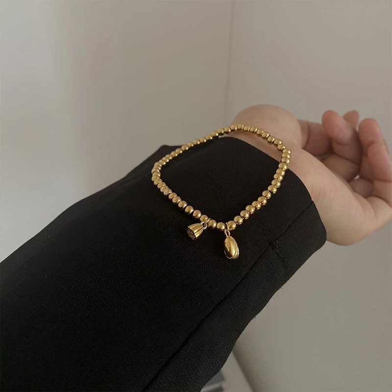 

Linked Beads Chain Lotus Flower Bracelets Seedpot 18K Gold Plated Bracelet Lucky Vintage Stainless Steel Jewelry Adjustable 2021