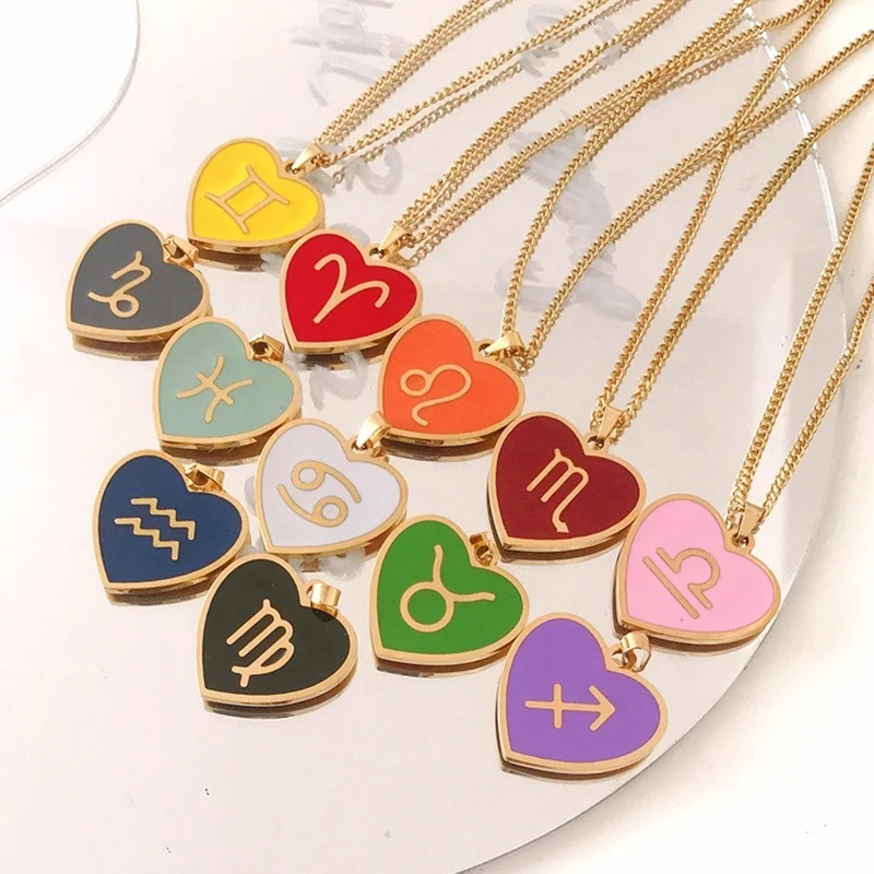 

MECYLIFE Top Sales Enamel Heart Necklace 18K Gold Plated Stainless Steel Zodiac Necklace For Women