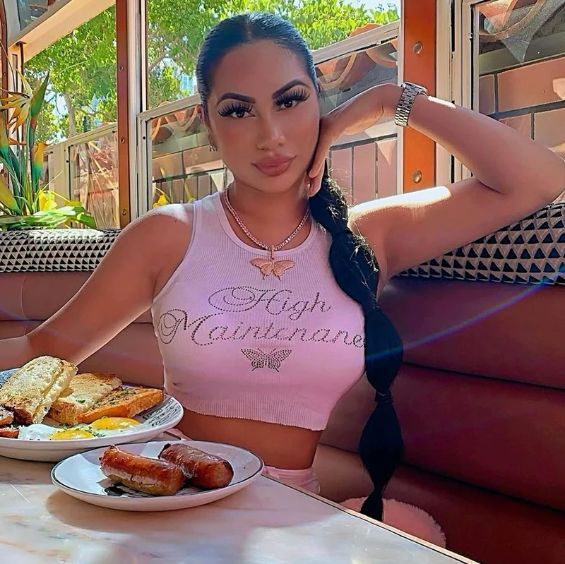 

HT Ribbed Knitted Sweet Girl's Letter Rhinestones Sleeveless Crop Top Clothes 2021 Summer Female Stylish Streetwear Tank Top, Customized color