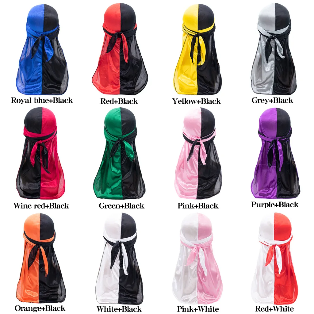 

Wholesale Customize Designer Two Tone Splicing Wave Cap Doo Rags En Satin Duragesic Silk Hair Durags Hat For Men