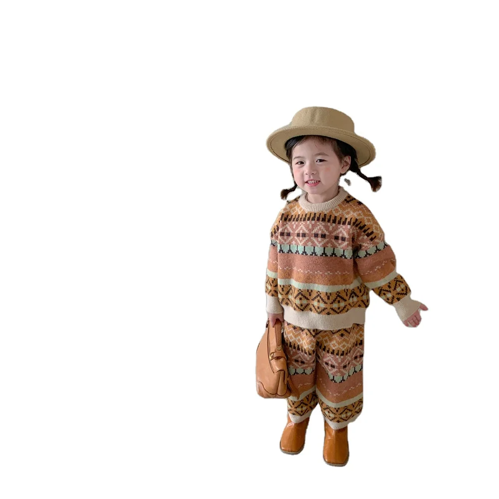 

New design baby boys' and girls' two pieces clothing sets kids knitted clothes children sweater and pants for autumn and winter, As picture