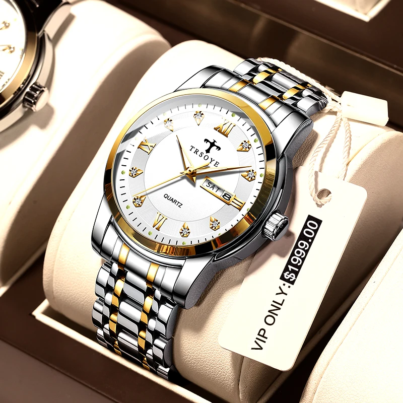 

Jam Tangan Wholesale Wrist Oem Watches Stainless Steel Quartz Luxury Watches Custom Logo for Meren montre homme reloj TRS838, Black, gold, silver