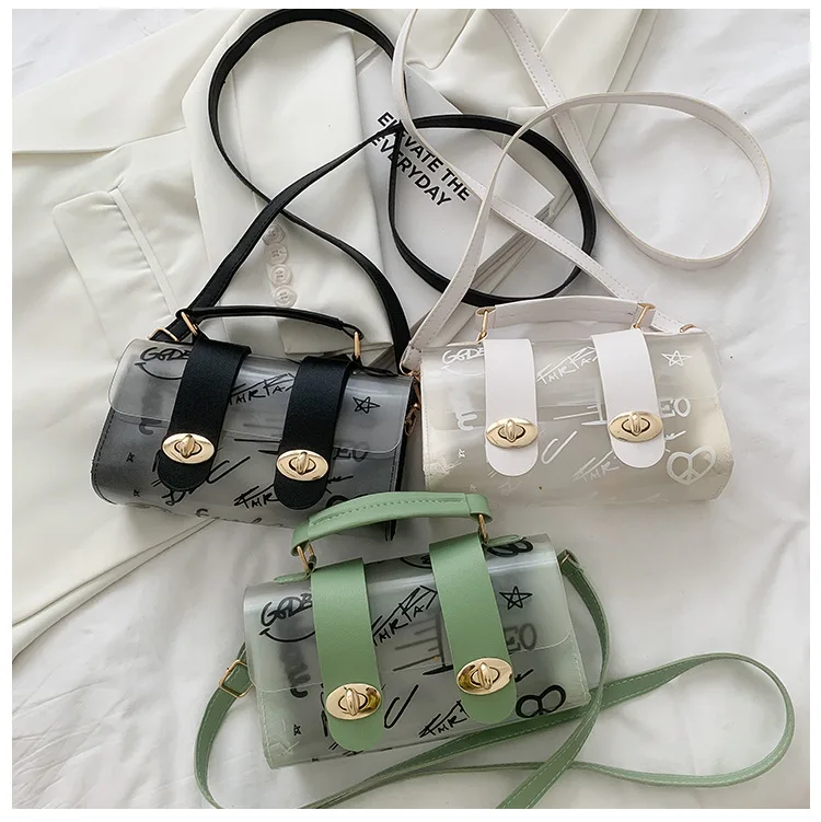 

2021 Summer new product portable fashion 5 colors simple Doodle button Jelly shoulder bag female women handbags, 3 colors