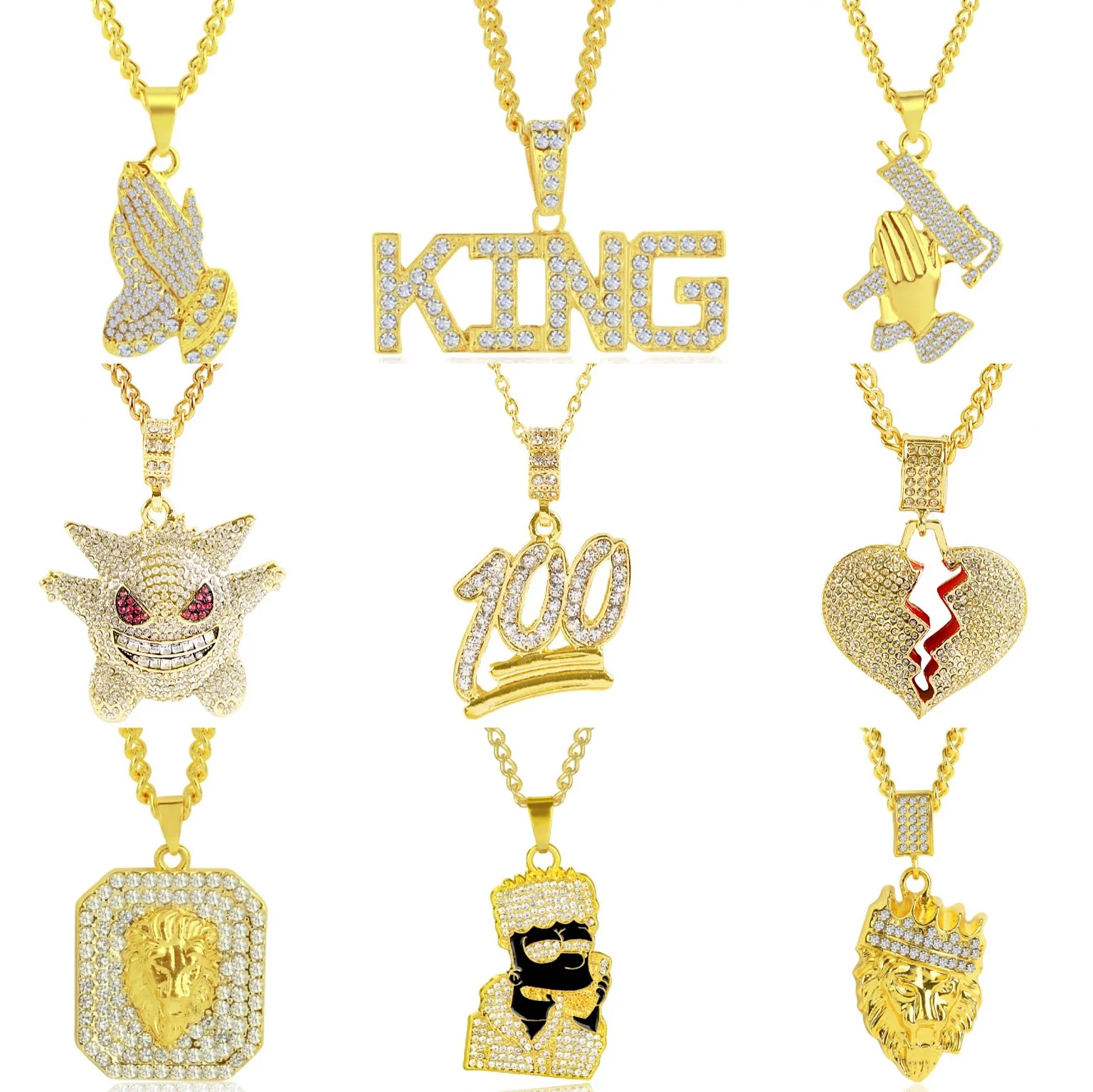 

NUORO Factory Stock Iced Out Hip Hop Jewelry Unisex Gold Long Chain Bling Necklaces Men Gun Leaf Cartoon Hiphop Pendant Necklace, Golden