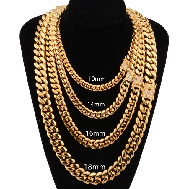 

Hiphop mens stainless steel diamond clasp 18k gold plated cuban link chain necklace