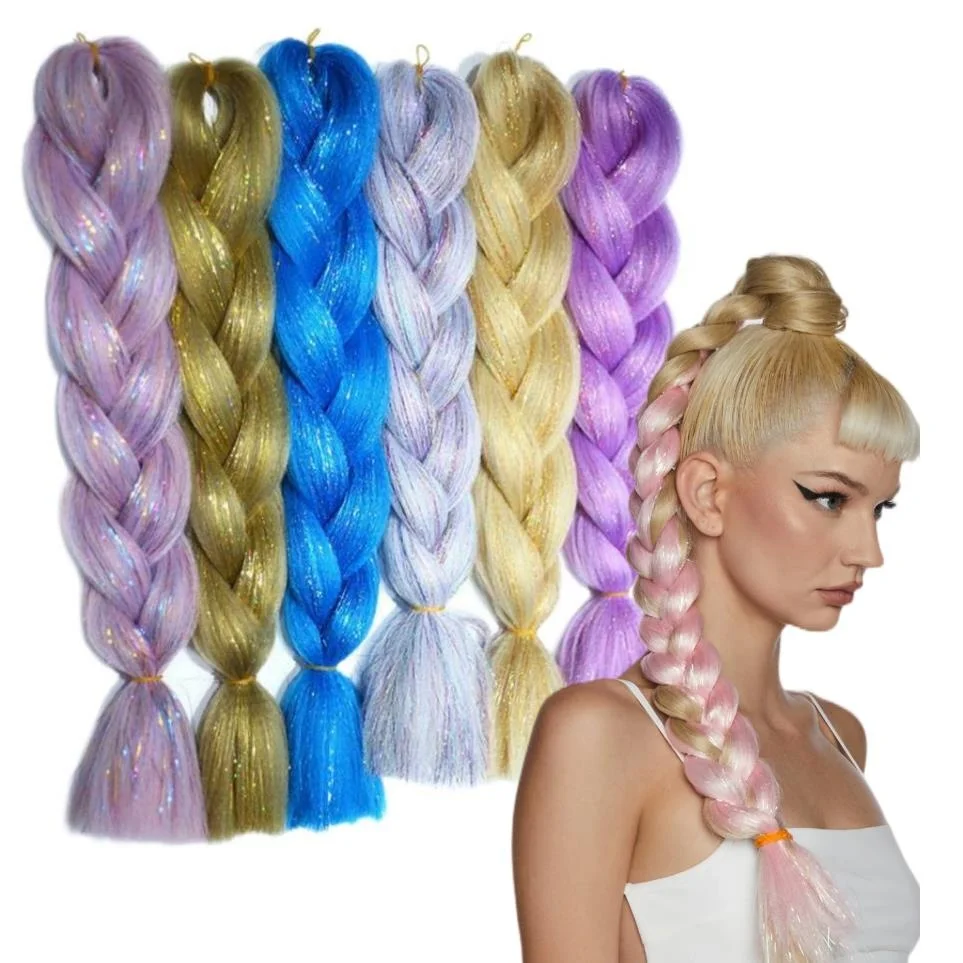 

Women Lush Hair Attachments Box PreStretched Meches Tresses Glitter Colorful Yaki Jumbo Synthetic Tinsel Braiding Hair Extension