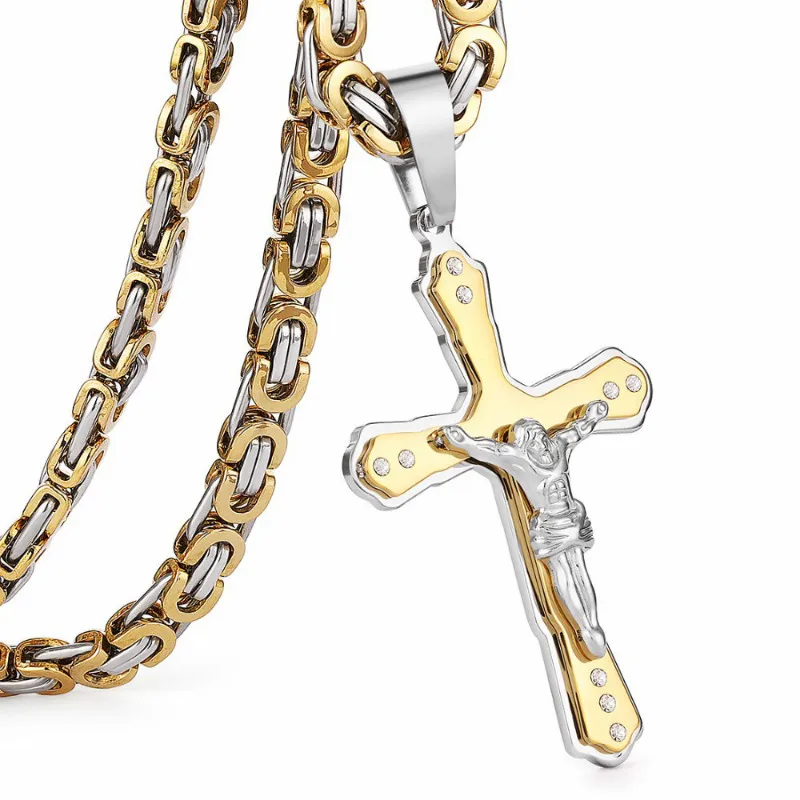 

Christian Jesus Crucifix Cross Crystal Pendant Necklace 316L Stainless Steel Link Byzantine Chain Necklace for Men Jewelry Gift, Gold
