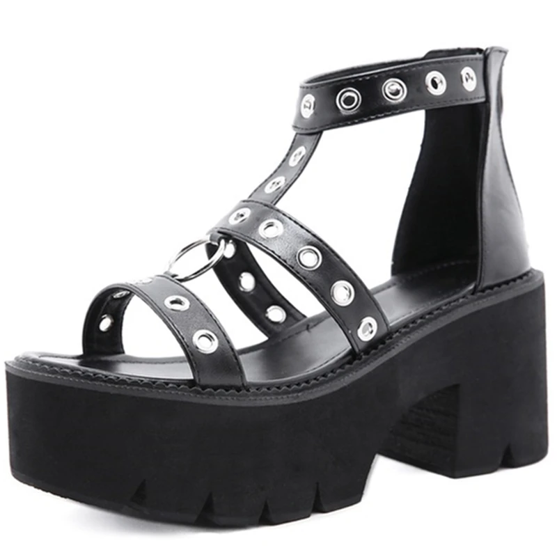 

2021 Punk Rivets Women T-Strap Platform Sandals All Black Matte Summer Open Toe High Heels Sexy Ladies Goth Wild Chunky Shoes