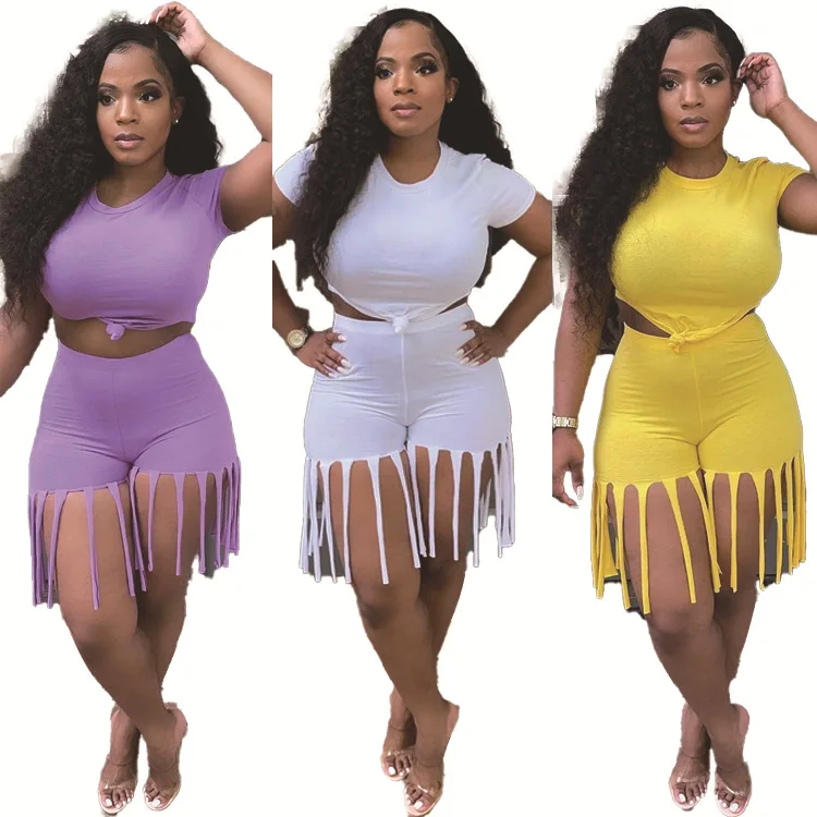

Women Summer New Design Tassels Top Shorts Solid Color Two Piece Shorts Set