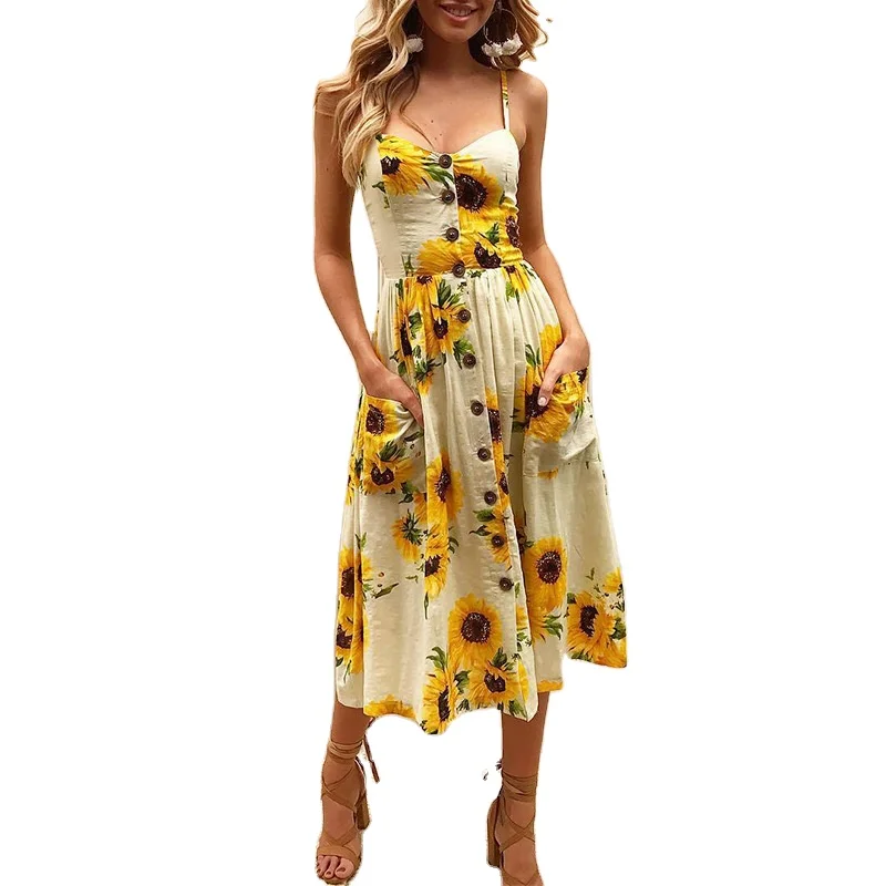 

Womens Summer Dresses 2021 Knitted Printed Suspender Button Halter Beach Street Fitted Sexy Casual Dress Wholesale Clothing