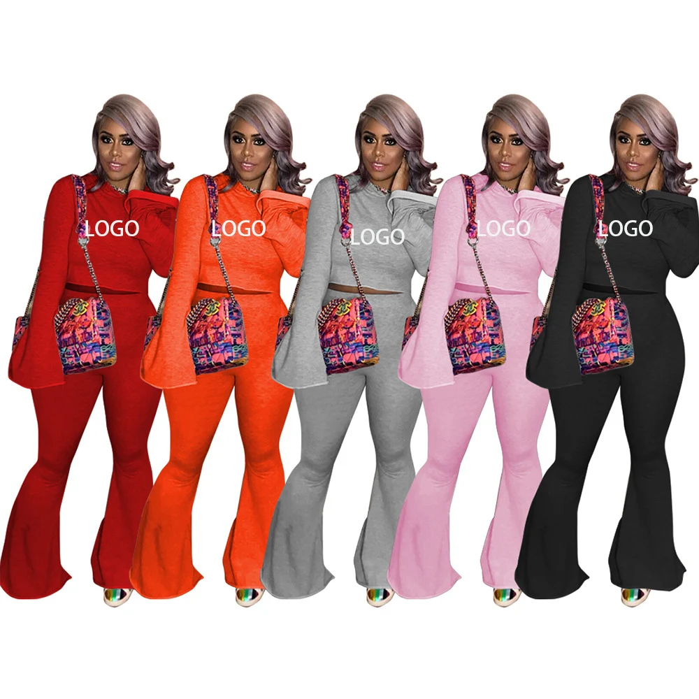 

2021 Wholesale Casual Outfit Plus Size 3XL Custom logo Hoodies Wide Leg Flare Pants 2 Two Piece Pants Sets Spring Women Clothing, Picture