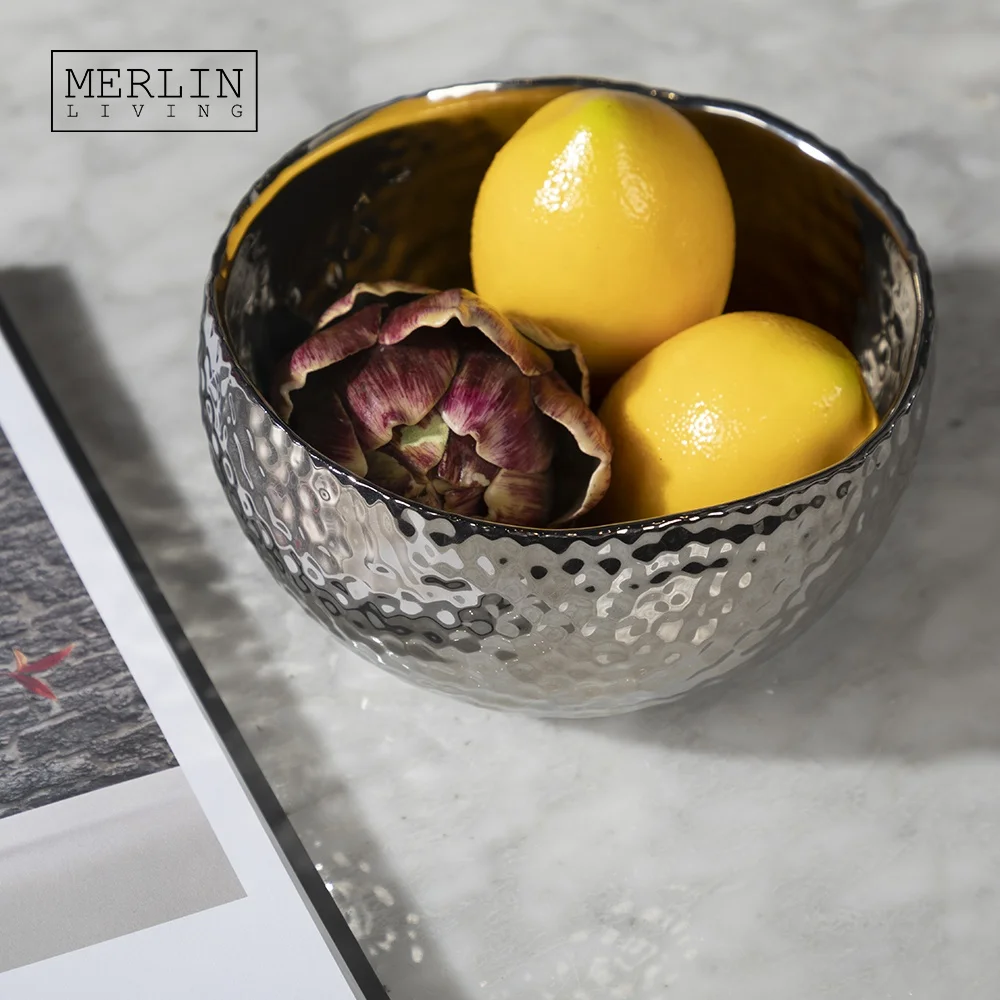 

Round metal Silver Ceramic decorative fruit bowl Modern tableware Mirrored Bright Textured salad bowl for home decor accessories