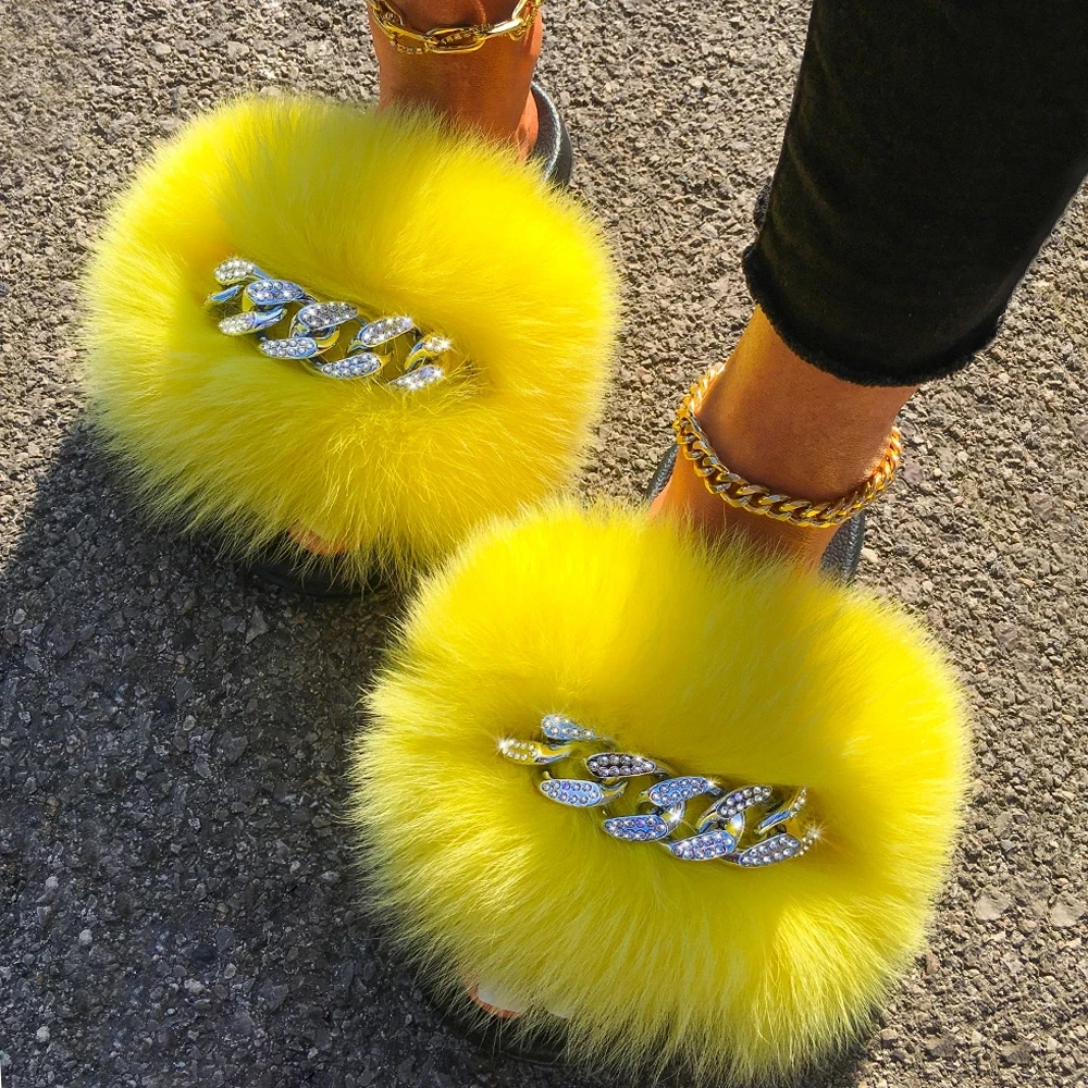 

Fox Sandals Furry Fur Slippers Fluffy Flip Flops Diamond Chain Real Fur Slides For Women Ladies House Slippers Beach Flat Shoes, Colors