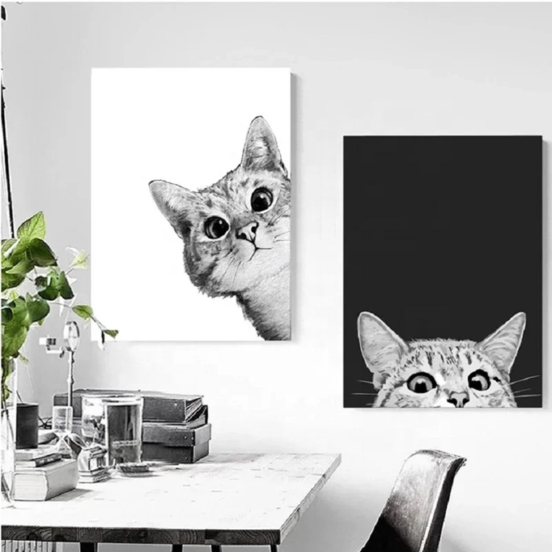 

Nordic Style Black and White Lovely Cat Canvas Poster Wall Art Pictures Prints for Bedroom Decor No Frame