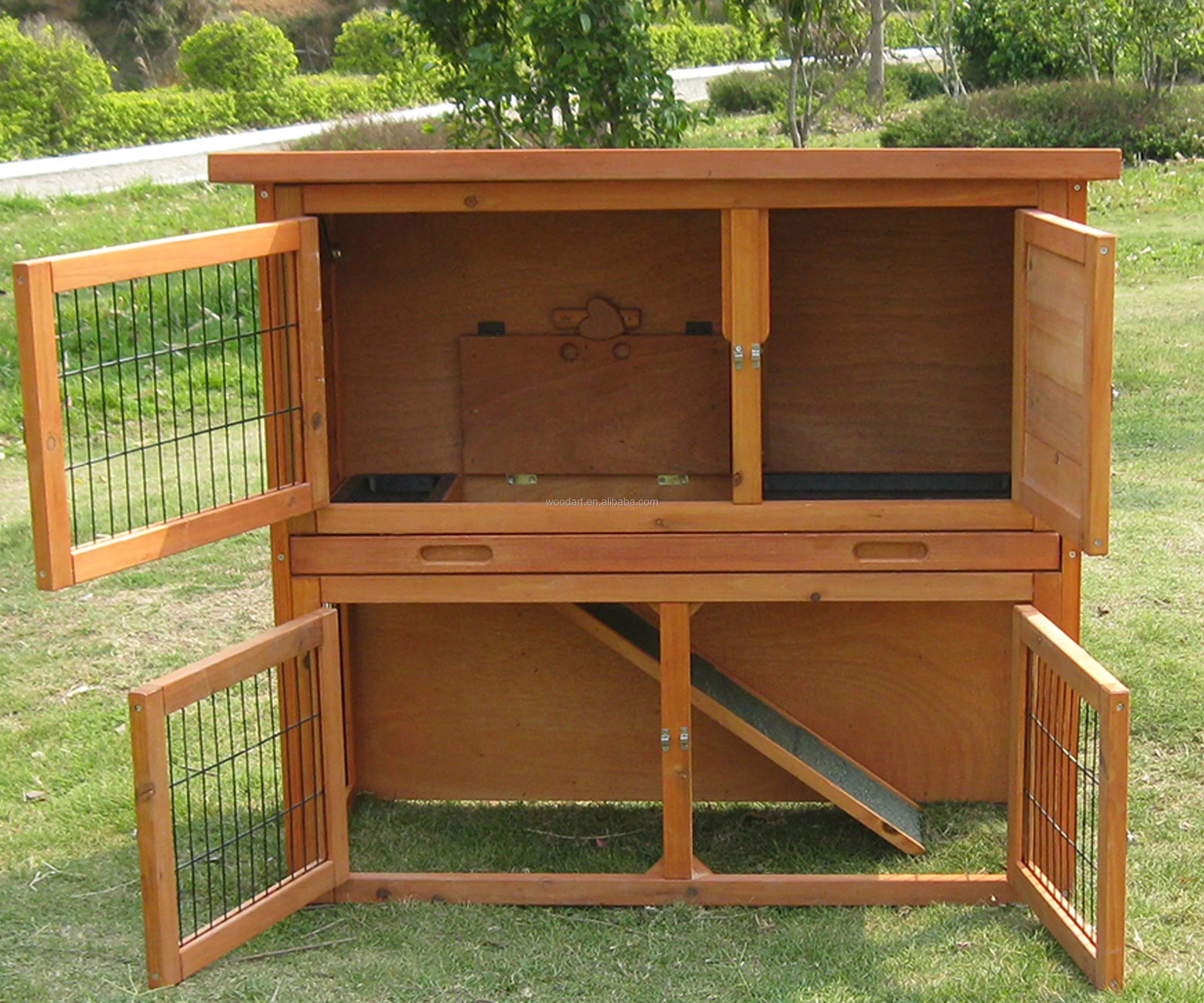 Cheap Yellow Wooden Quadrate Rabbit Breeding Cages Hutch With Trap