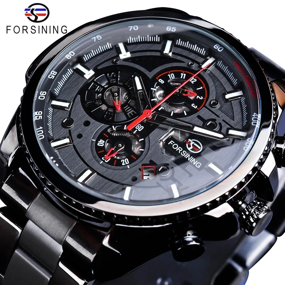 

Forsining Three Dial Calendar Display Black Stainless Steel Men Automatic Wrist Watch Top Brand Luxury Military Sport Male Clock