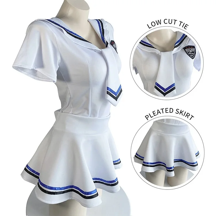 

Japanese Style Cosplay Student Teen Girl Leaking Breasts Sexy Costume Uniform Temptation Miniskirt Three Point Sexy Lingerie, Blue and whitesize average code