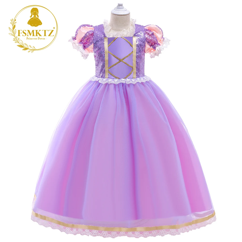 

Kids Birthday Party Dress Up Short Sleeve Belle Princess Dress Girls Elsa Princess Costume, Purple