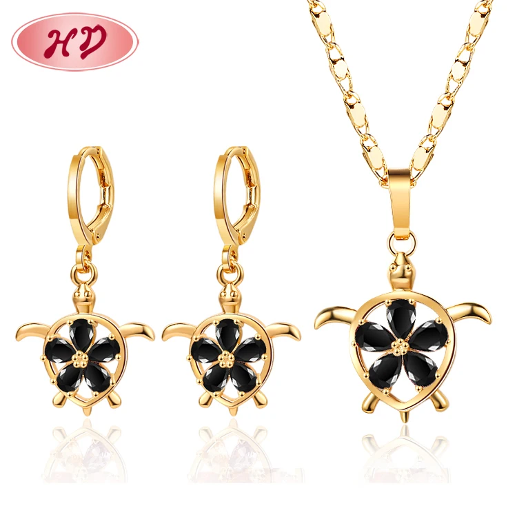 

Wholesale Customize Black Cute Turtle Necklace And Earrings Jewelry Sets 18K Gold Plated For Women