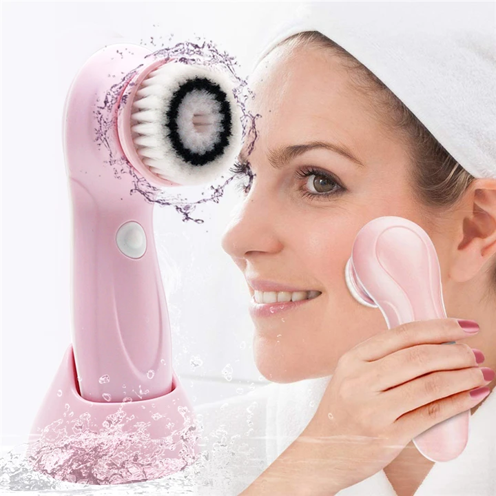 

3 in 1 multifunctional usb rechargeable electric dry brushing body facial cleansing exfoliating brush, Blue and pink